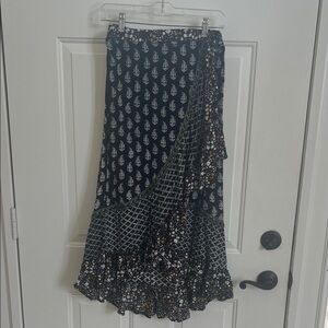 Christian Siriano Bohemian Black White Floral Trim Wrap Skirt Ruffles